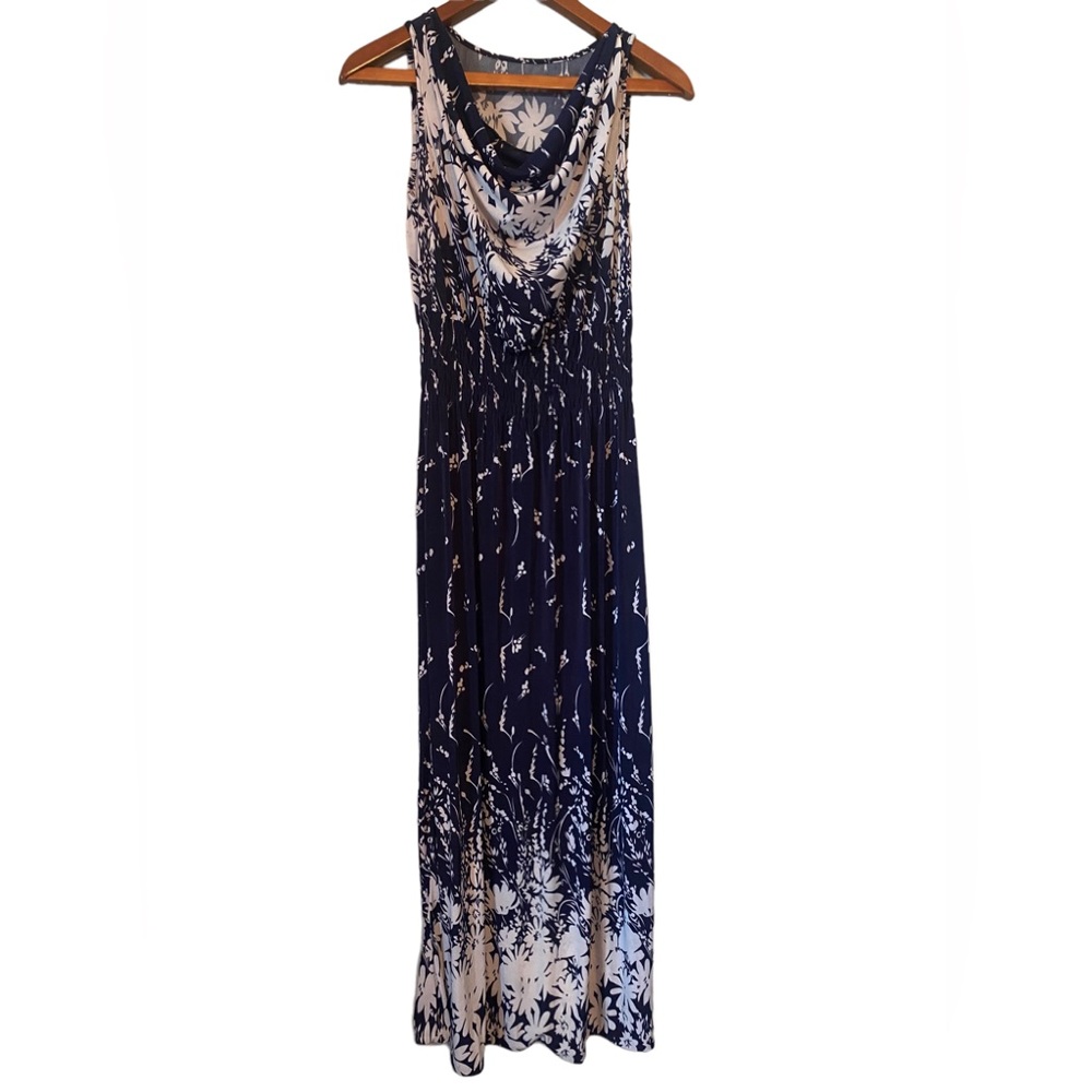 Navy Blue and White Smocked with Ruching Floral Maxi Dress